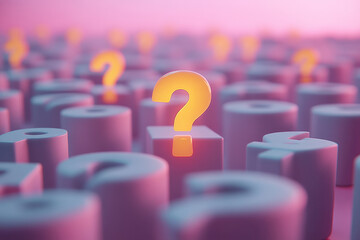 Aufkleber - A field of grey question marks with one glowing bright yellow, set against a pastel pink background,