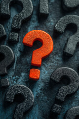 Aufkleber - A group of black question marks, with one bold and red in the center, isolated on a pastel blue background,