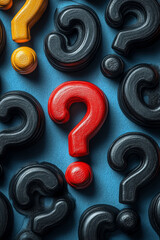 Aufkleber - A group of black question marks, with one bold and red in the center, isolated on a pastel blue background,