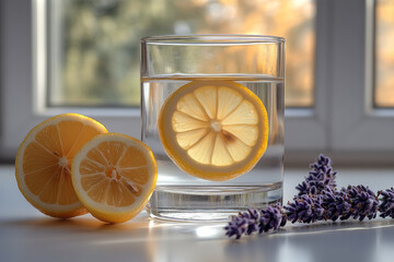 Sticker - A glass of warm lemon water, often used for gentle liver detox, set against a pastel lavender background,