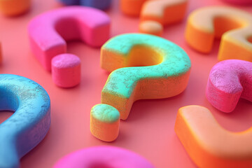 Aufkleber - A cluster of faded question marks, with one vibrant and glowing neon green, isolated on a pastel peach background,