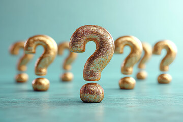 Aufkleber - A row of small question marks, with one larger and outlined in gold, set against a pastel mint green background,