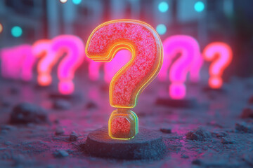Aufkleber - A cluster of faded question marks, with one vibrant and glowing neon green, isolated on a pastel peach background,
