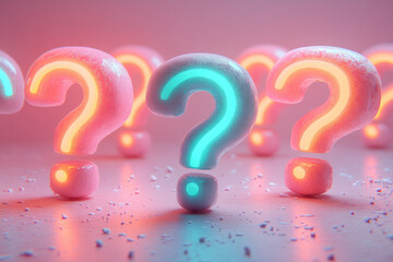 Aufkleber - A cluster of faded question marks, with one vibrant and glowing neon green, isolated on a pastel peach background,