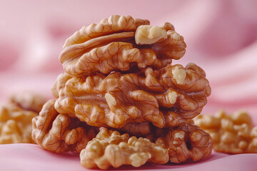 Sticker - A handful of walnuts, beneficial for liver health due to omega-3 fatty acids, set against a pastel coral background,