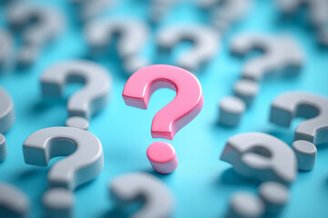 Aufkleber - A group of uniform grey question marks, with one popping in bright pink, set against a pastel turquoise background,