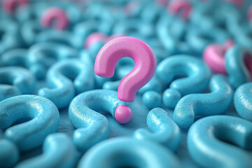 Aufkleber - A group of uniform grey question marks, with one popping in bright pink, set against a pastel turquoise background,