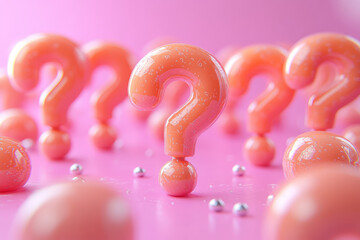 Aufkleber - A pattern of muted question marks, with one question mark in bright orange, set against a pastel pink background,