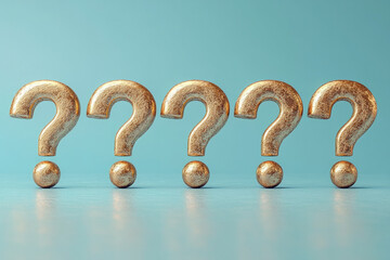 Aufkleber - A line of identical question marks, with one question mark in a metallic gold, isolated on a pastel blue background,
