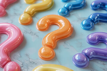 Aufkleber - A swirl of question marks in soft tones, with one question mark in a radiant rainbow gradient, set against a pastel mint background,