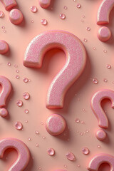 Aufkleber - A grid of small, faded question marks, with one large, glowing white, isolated on a pastel peach background,