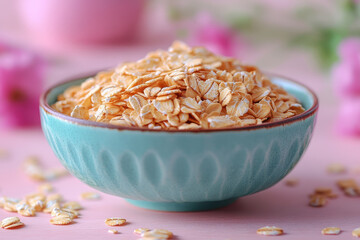 Wall Mural - A small bowl of oats, a high-fiber food for liver health, isolated on a pastel coral background,