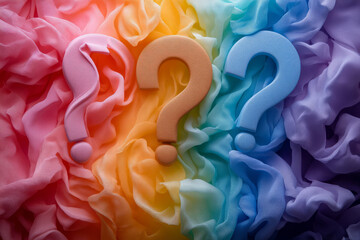 Aufkleber - A swirl of question marks in soft tones, with one question mark in a radiant rainbow gradient, set against a pastel mint background,