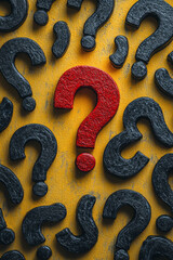 Poster - A scattering of dark grey question marks, with one vibrant red in the middle, isolated on a pastel yellow background,