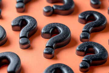 Aufkleber - A random mix of black question marks, with one outlined in glowing silver, isolated on a pastel coral background,