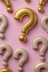 Poster - A background of soft grey question marks, with one highlighted in bright gold, set against a pastel pink background,