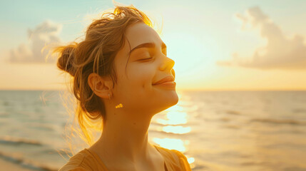 Wall Mural - Young woman standing by the sea at sunset, eyes closed, expressing pure delight and calmness