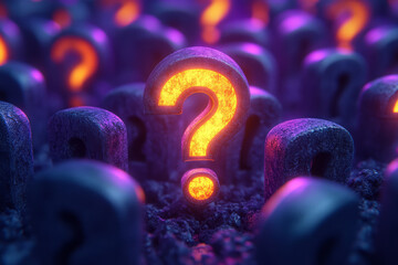 Aufkleber - A cluster of dull grey question marks, with one question mark glowing in bright yellow, set against a pastel lavender background,