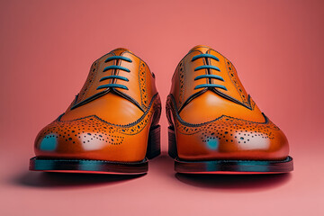 Poster - A pair of polished, high-end dress shoes, representing success in the business world, set against a pastel coral background,