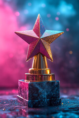 Poster - A shining star trophy, symbolizing excellence, isolated on a pastel pink background,