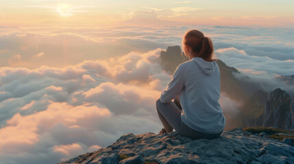 Wall Mural - Woman sitting on a mountain peak, admiring the tranquil sunrise with low-lying clouds and pastel hues, rear view