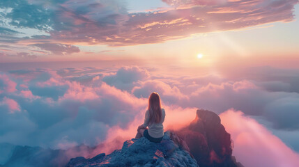 Wall Mural - Woman sitting on a mountain peak, admiring the tranquil sunrise with low-lying clouds and pastel hues, rear view