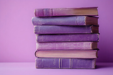 Poster - A stack of completed books, symbolizing knowledge and achievement, isolated on a pastel lavender background,