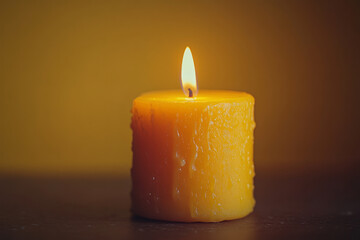 Poster - A single burning candle, representing enlightenment, set against a pastel yellow background,