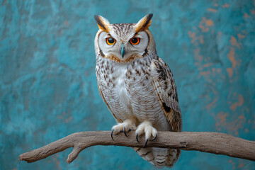 Leinwandbilder - An owl perched on a branch, symbolizing wisdom, isolated on a pastel blue background,