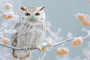 Leinwandbilder - An owl perched on a branch, symbolizing wisdom, isolated on a pastel blue background,