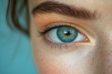 Poster - A closed eye with a third eye open, representing inner vision, isolated on a pastel turquoise background,
