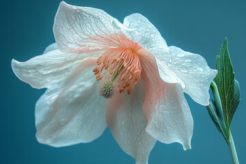 Poster - A wilted flower, drooping over a pastel blue background,