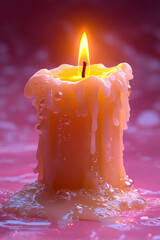 Poster - A half-melted candle, barely flickering, set against a pastel pink background,