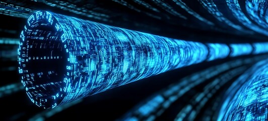 A long digital pipeline shaped by vibrant glowing blue matrix binary code