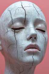 Poster - A tear-streaked face mask, set against a pastel peach background,