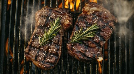 Wall Mural - Two steaks are cooking on a grill with rosemary sprigs, AI