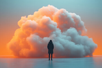 Wall Mural - A rain cloud hovering over a single figure, isolated on a pastel peach background,