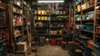 © SK Collection - A store room with a variety of gardening tools and supplies, organized on shelves and hooks.