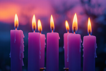 Leinwandbilder - A menorah with lit candles, symbolizing Hanukkah, set against a pastel lavender background,