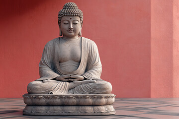 Poster - A serene Buddha statue, isolated on a pastel pink background,