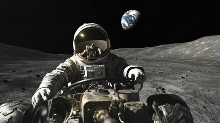 astronaut driving a lunar rover with the earth rising over the horizon, adventurous and exploratory,