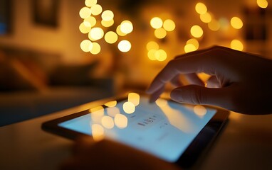Poster - Close-Up of Fingers Adjusting Lighting Intensity on a Tablet in a Modern Living Room