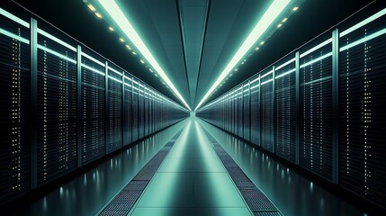 Poster - Wide-Angle View of a Massive Data Center with Rows of Servers and Blinking Lights