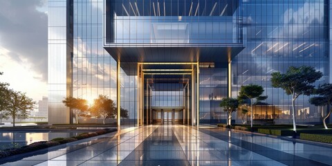 Wall Mural - A large glass building with a large glass entrance