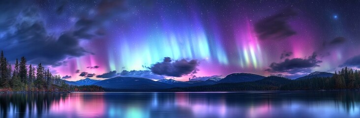a poster with blue and purple northern lights over an ocean.