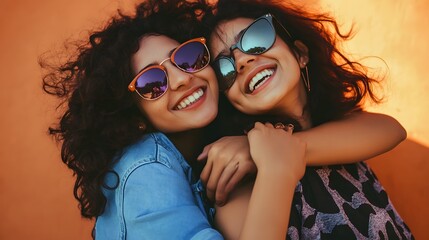 Two young women with dark hair and sunglasses embrace and smile.