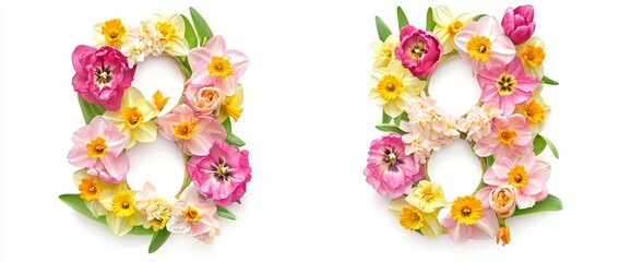 A set of 8 March flower decorations isolated on a transparent background.