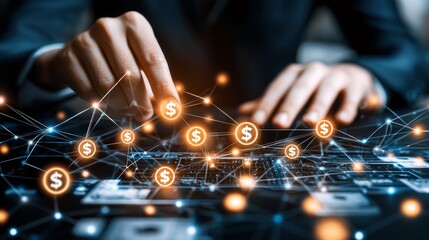 Digital money concept with man finger on virtual touch screen interface with central bank layout and currency symbols dollar, euro, ruble, and yen on abstract b: Stocks