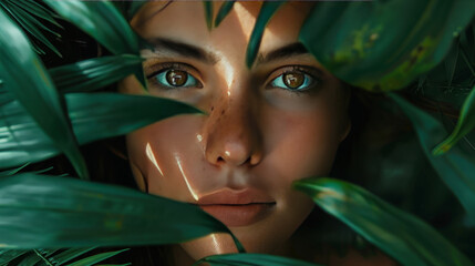 Close-up of a young woman's face surrounded by lush tropical leaves, highlighting natural beauty and serenity