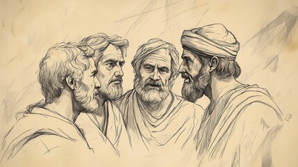 Wall Mural - Biblical Illustration: David, surrounded by his advisors, listens to Ziba's account of Mephibosheth, with a mix of skepticism and interest, set against a beige background for Bible wall art.